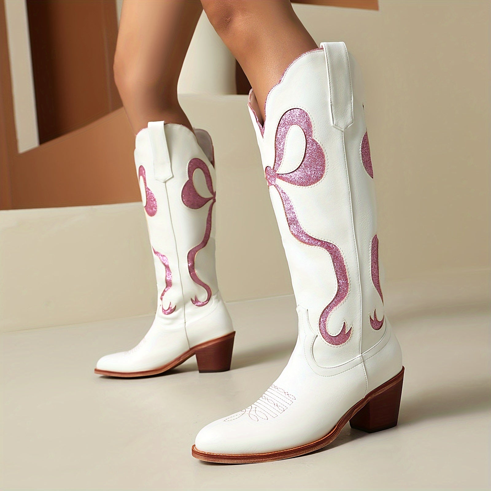 Knee High Chunky Heel White Cowgirl Boots with Pink Glitter Bow