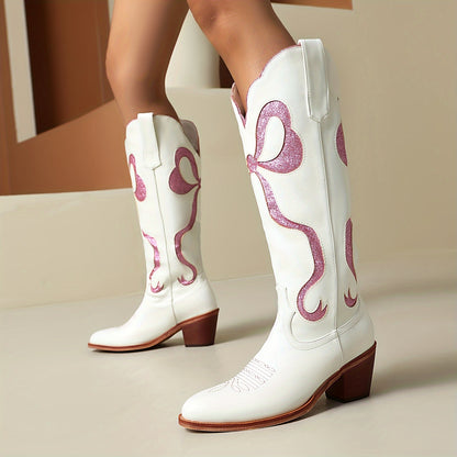 Knee High Chunky Heel White Cowgirl Boots with Pink Glitter Bow