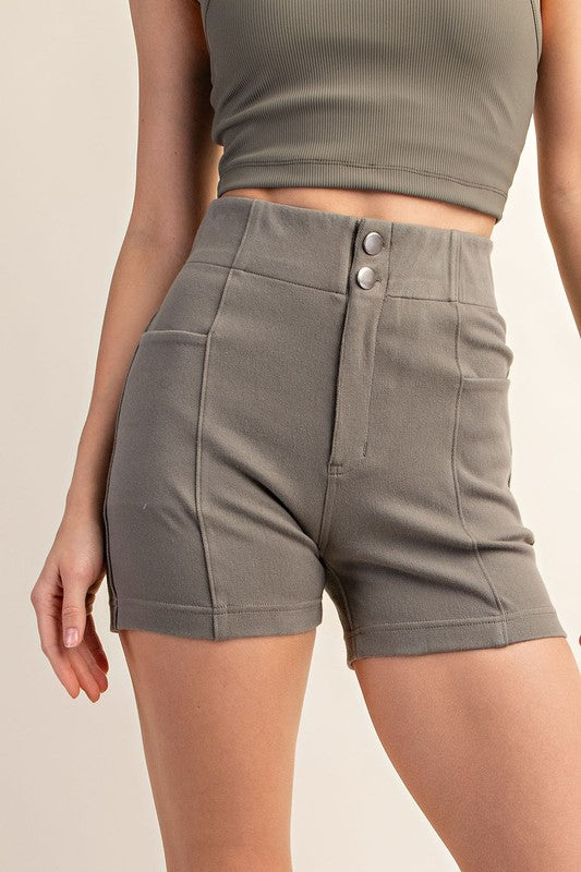 Seaming Details Elastic Waist Cotton Stretch Twill Shorts