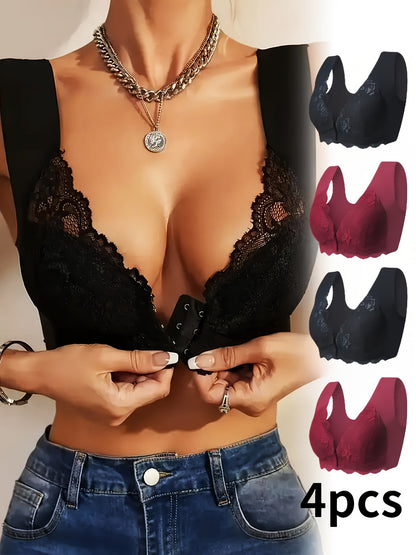 Wireless Design Medium Support Elegant Floral Lace Push-Up Bras - 4pcs