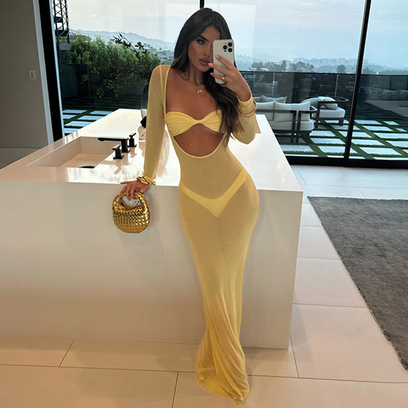 See-Through Bandeau Dress - Slim-Fit Long Sleeve Outfit