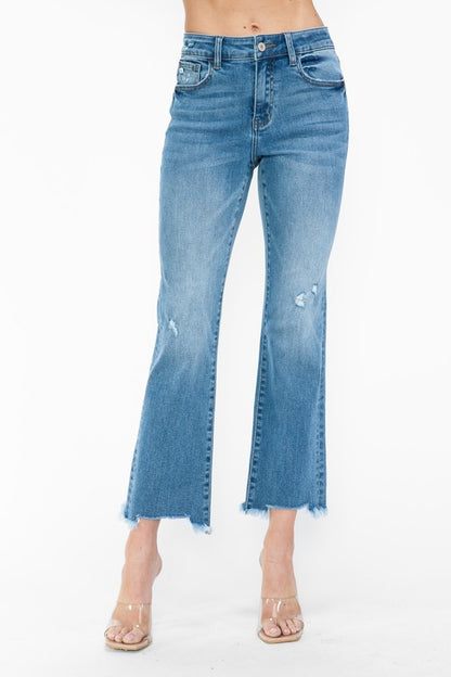 Medium Blue Raw Hem Distressed Mid Rise Crop Jeans