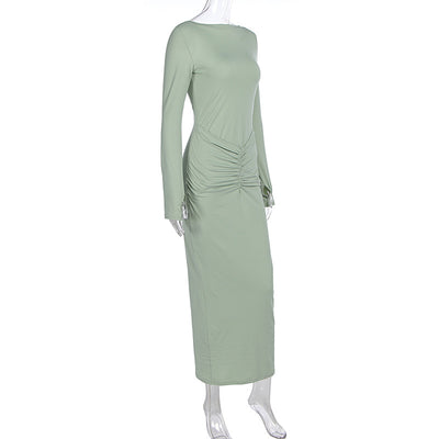 Pleated Maxi Dress - Long Sleeve Round Neck Slim Fit