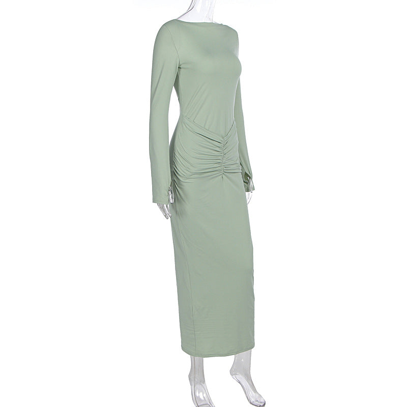 Pleated Maxi Dress - Long Sleeve Round Neck Slim Fit
