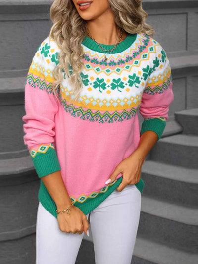 Clover Pattern Sweater - Long Sleeve Knitted Round Neck - Fashions Envy