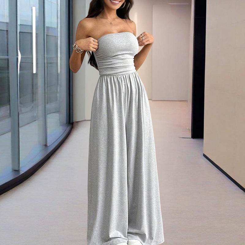 Solid Color Wide-Leg Palazzo Pants With Pleats Strapless Jumpsuit
