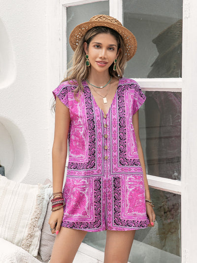 Boho Printed V-Neck Cap Sleeve Romper