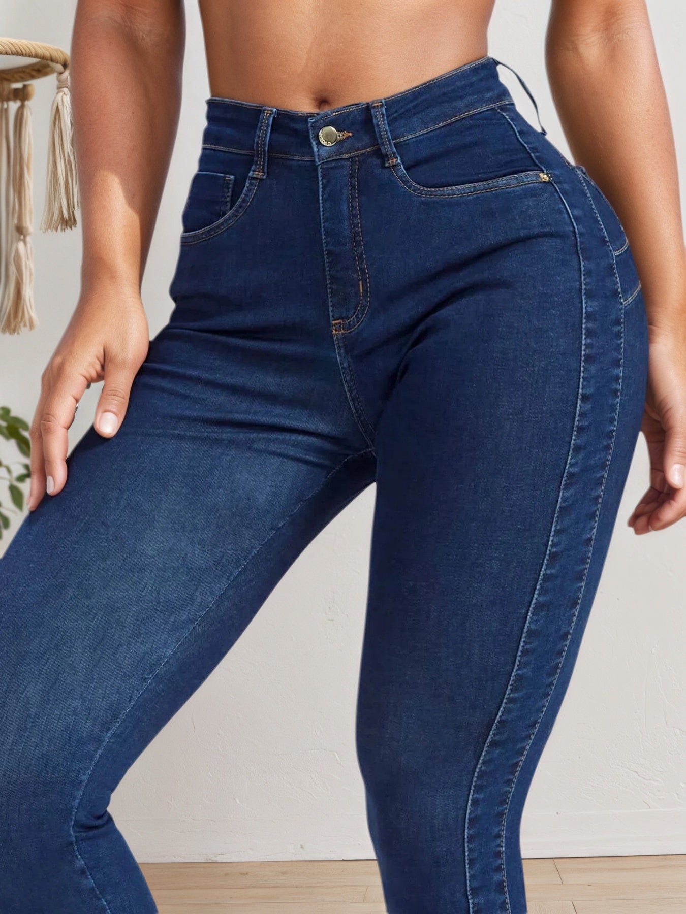 High Waist Slim Jeans - Stretchy Fit Classic Blue Denim