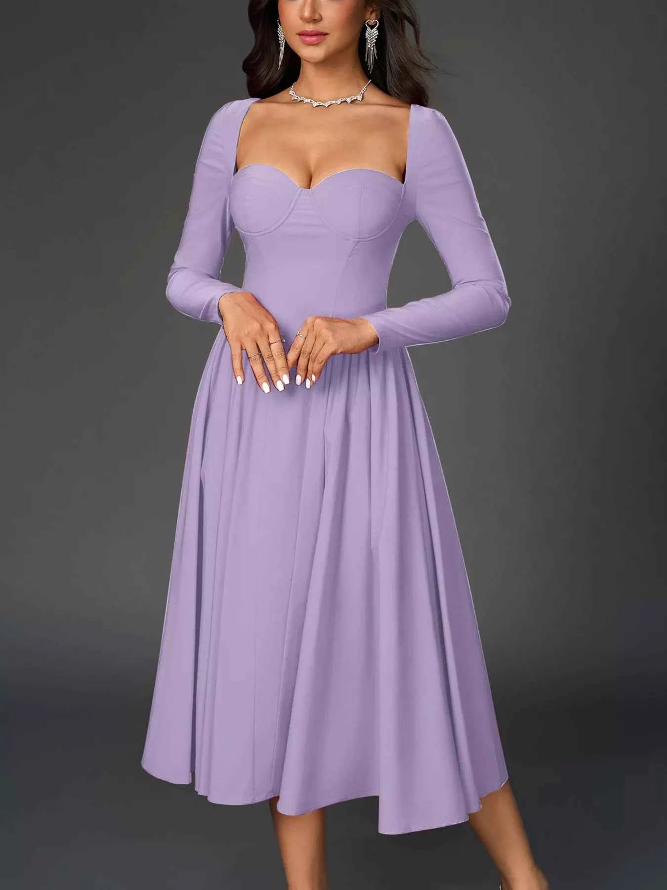 Sweetheart Neckline Long Sleeve A-Line Midi Dress