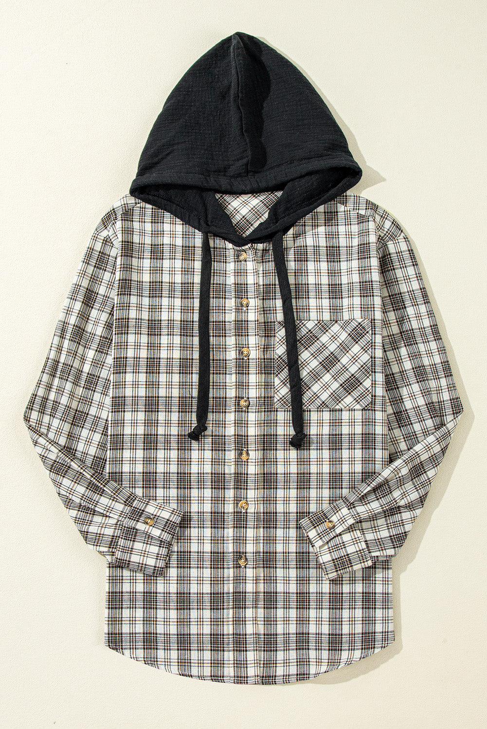 Khaki Checkered Print Loose Fit Buttoned Hooded Shacket