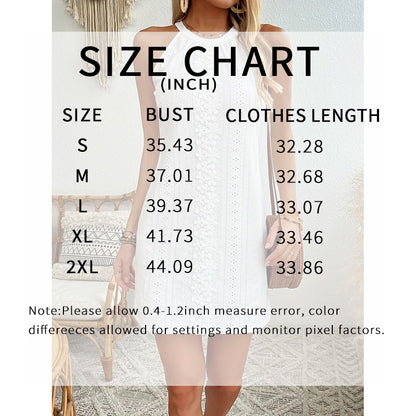 Women's Elegant Halter Neck Sleeveless Mini Dress - Eyelet Embroidery A Line Dress