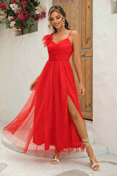 Asymmetrical Ruched Slit Dress - Fashions Envy