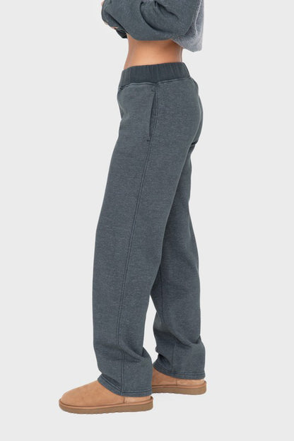 Jungle Green Elastic Waist Fleece Pants with Pockets