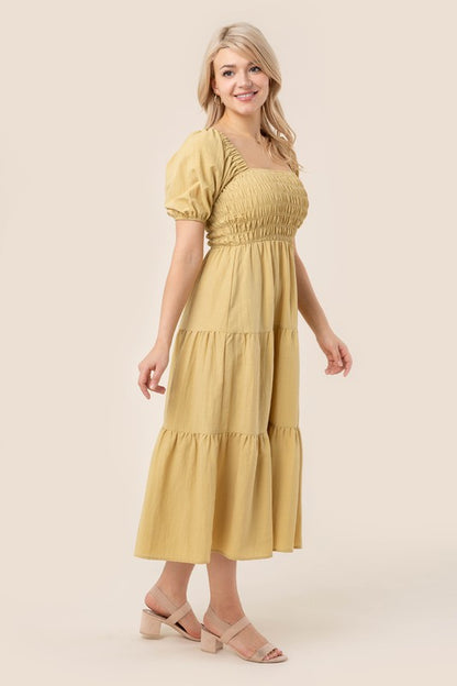 Tiered Midi Dress with Puff Sleeves
