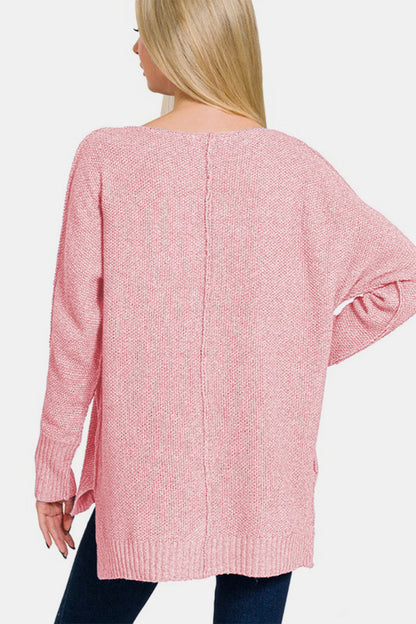 Dusty Pink High-Low Center Seam V-Neck Sweater