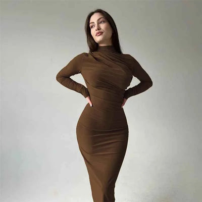 Pleated Maxi Dress - Bodycon Fitted Long Sleeve Elegant