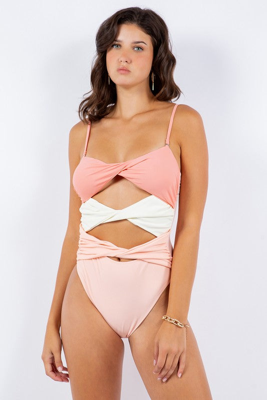 Tri Front Panel Twist Design One-Piece Swimsuit