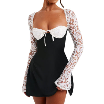 Lace Mini Dress - Long Sleeve Backless Party Dress