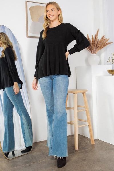 Long Sleeve Round Neck Soft Knit Babydoll Top