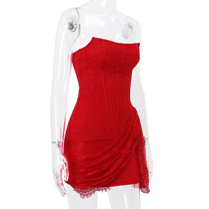 Red strapless dress on a mannequin with a white background