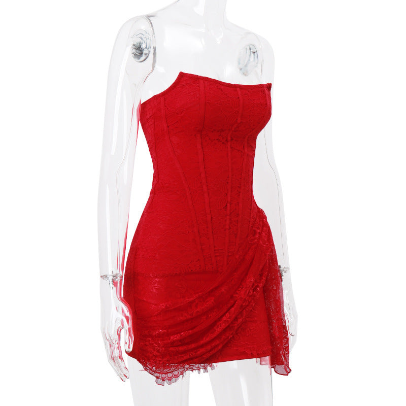 Red strapless dress on a mannequin with a white background