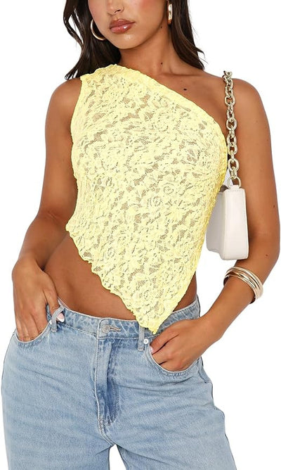 Lace Backless Tank Top - Asymmetrical Sloped Neck