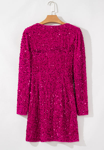 Deep Rose Sequin Surplice Long Sleeve Mini Dress