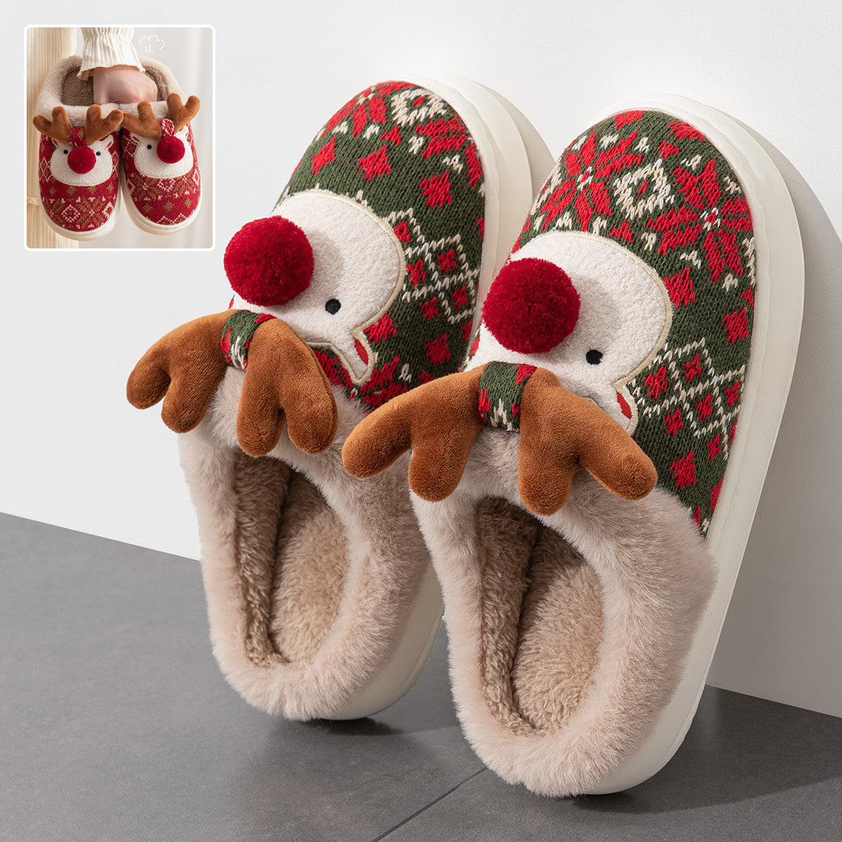 Christmas Reindeer Slippers - Cozy Plush Winter House Shoes