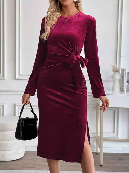 Velvet Midi Party Dress - Chic Side-Tie Style - Fashions Envy