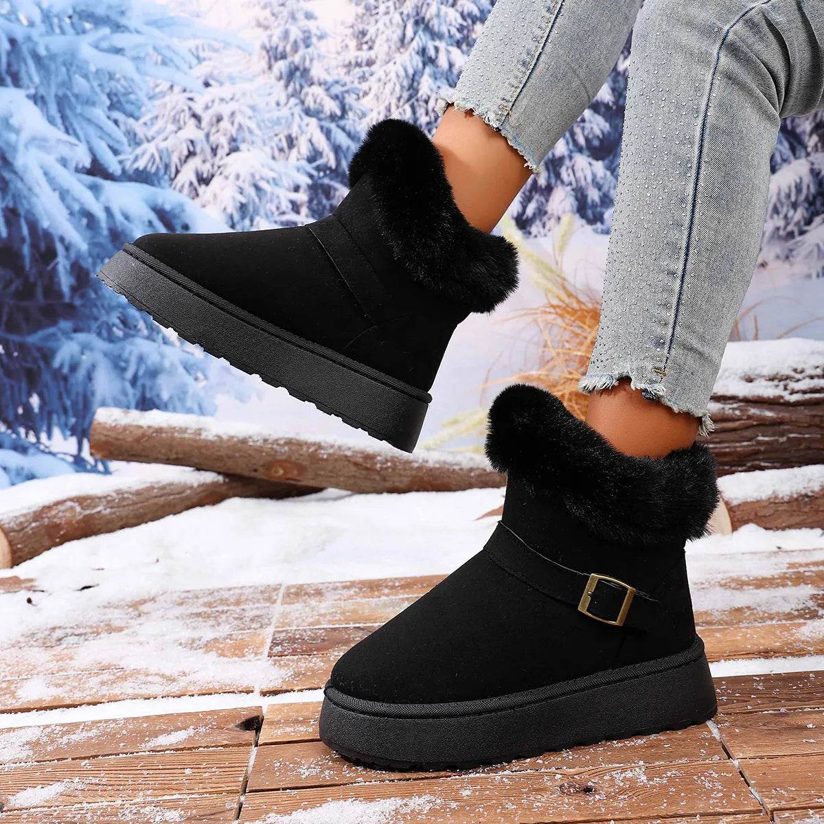 Cozy Round Toe Platform Boots with Fluff Lining - Fashions Envy
