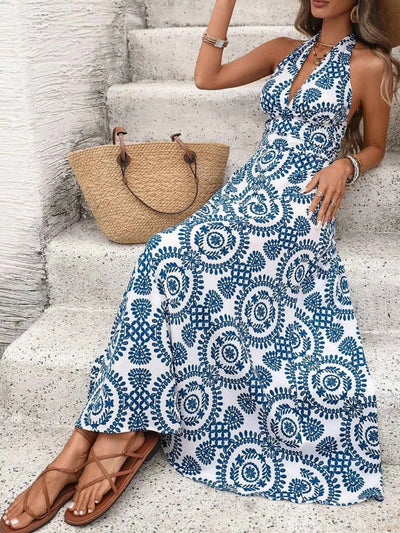 Floral Halter Maxi Dress - Tie Neck Blue Print