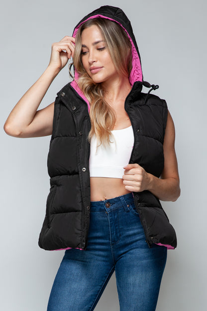 Black/Rose Violet Snap and Zip Closure Hooded Vest