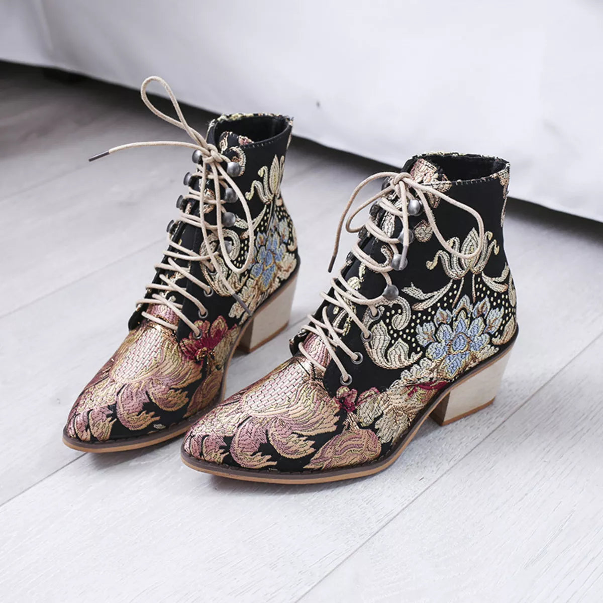 Embroidered Floral Lace-Up Ankle Boots - Fashions Envy