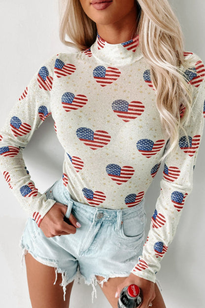 US Flag Heart Mock Neck Long Sleeve Bodysuit