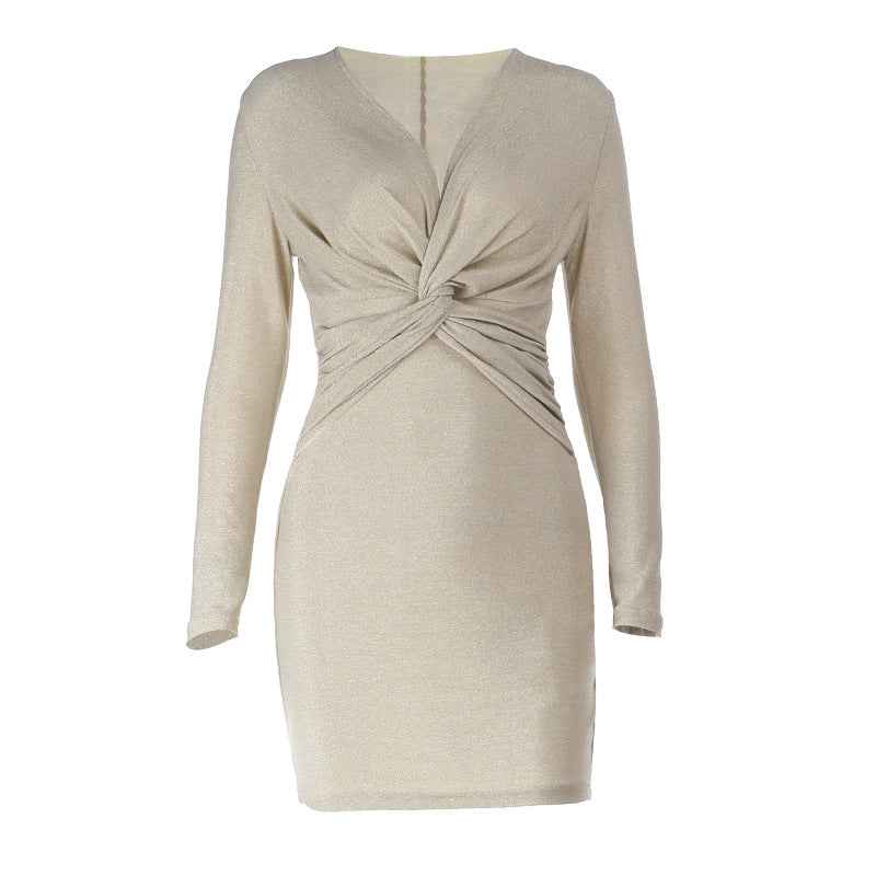 Gold Bodycon Dress - Twisted V-Neck Long Sleeve Wrap