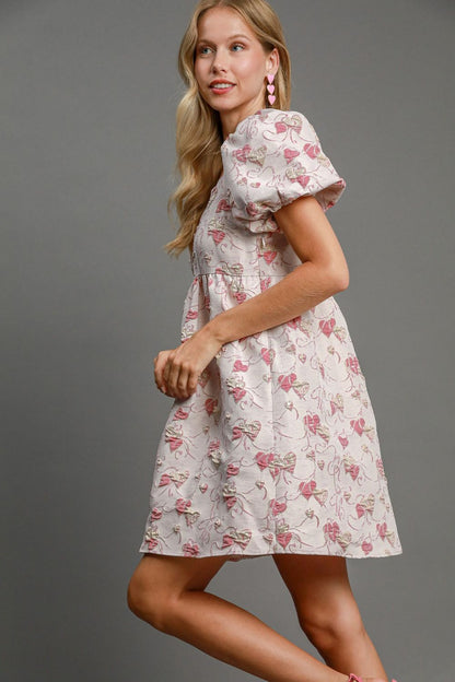 Pink Heart Jacquard Square Neck Puff Sleeve Mini Dress