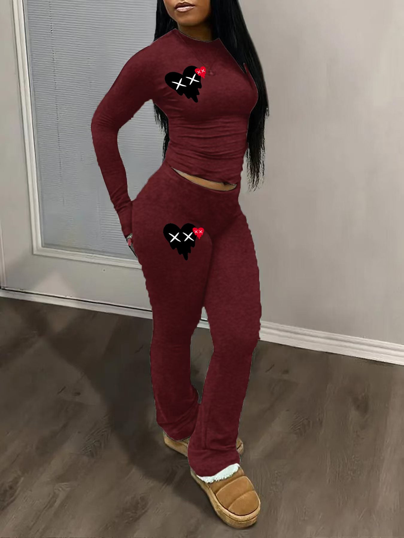 Heart Graphic Two-Piece Set - Matching Crop Top & Pants