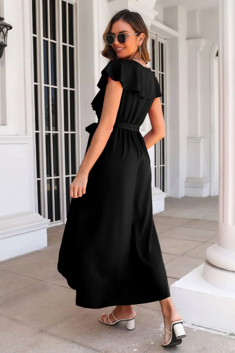Tied Front Midi Dress - Ruffle Short Sleeve Slit Hem