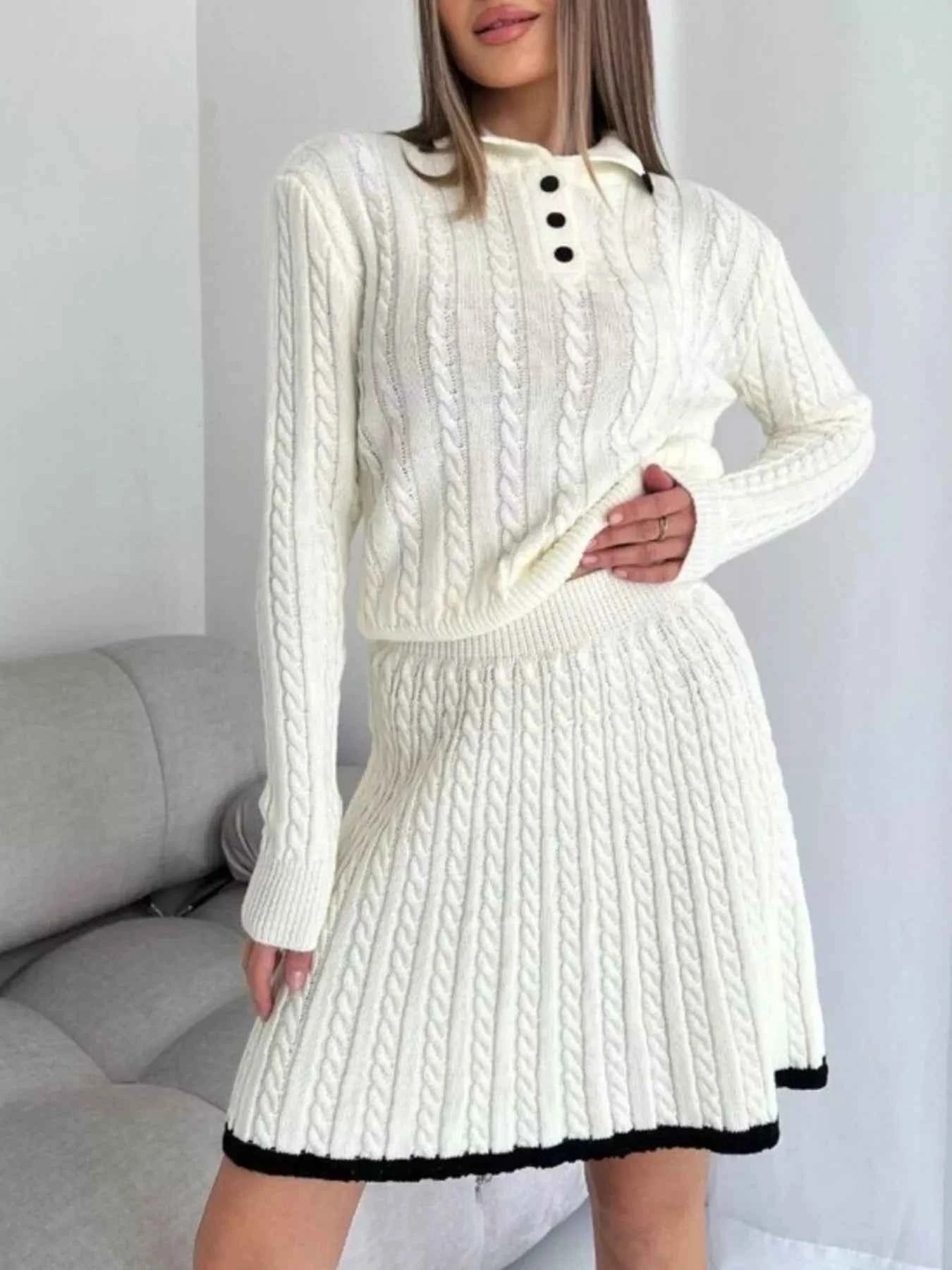 Cable Knit Long Sleeve Top and Skirt Sweater Set