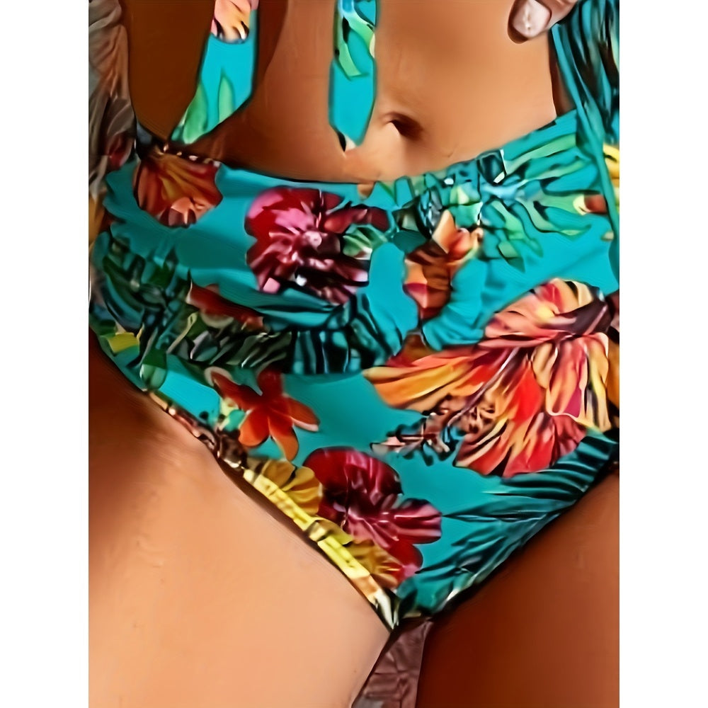 Knotted Flower Print High Waist Three Piece Bikini Swimsuit Set with Long Sleeved Sun Protection Cover Up