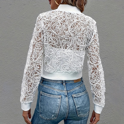 Elegant Lace Cropped Zip-Up Long Sleeve Jacket