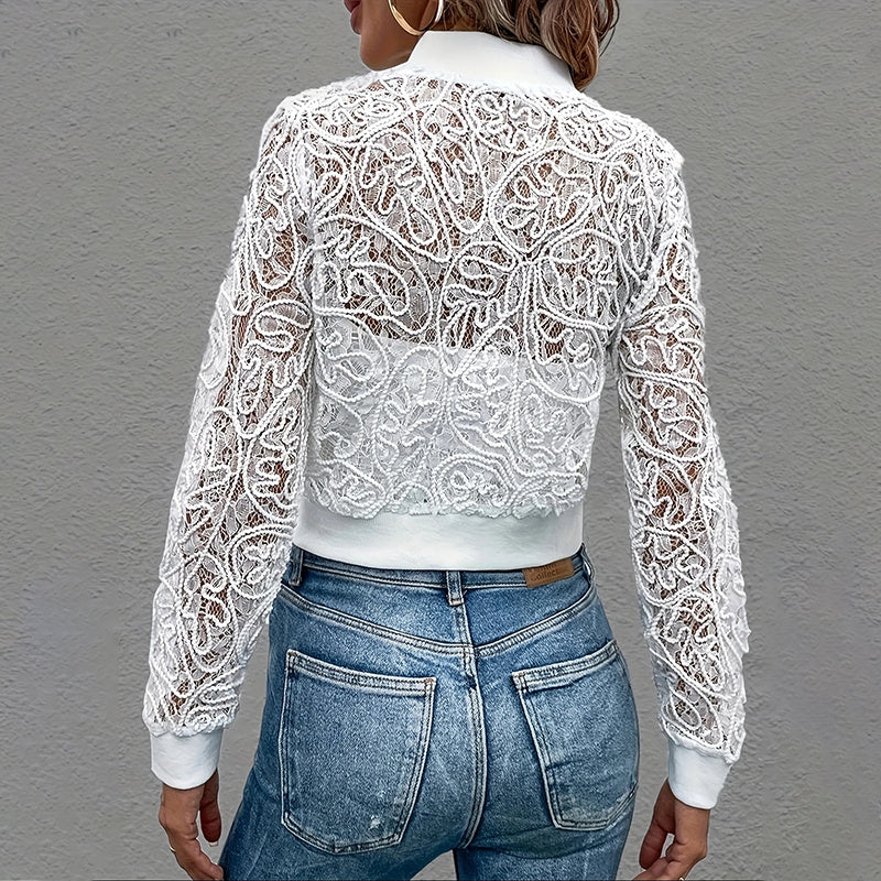Elegant Lace Cropped Zip-Up Long Sleeve Jacket