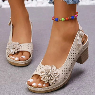 Floral Accent Block Heel Sandals