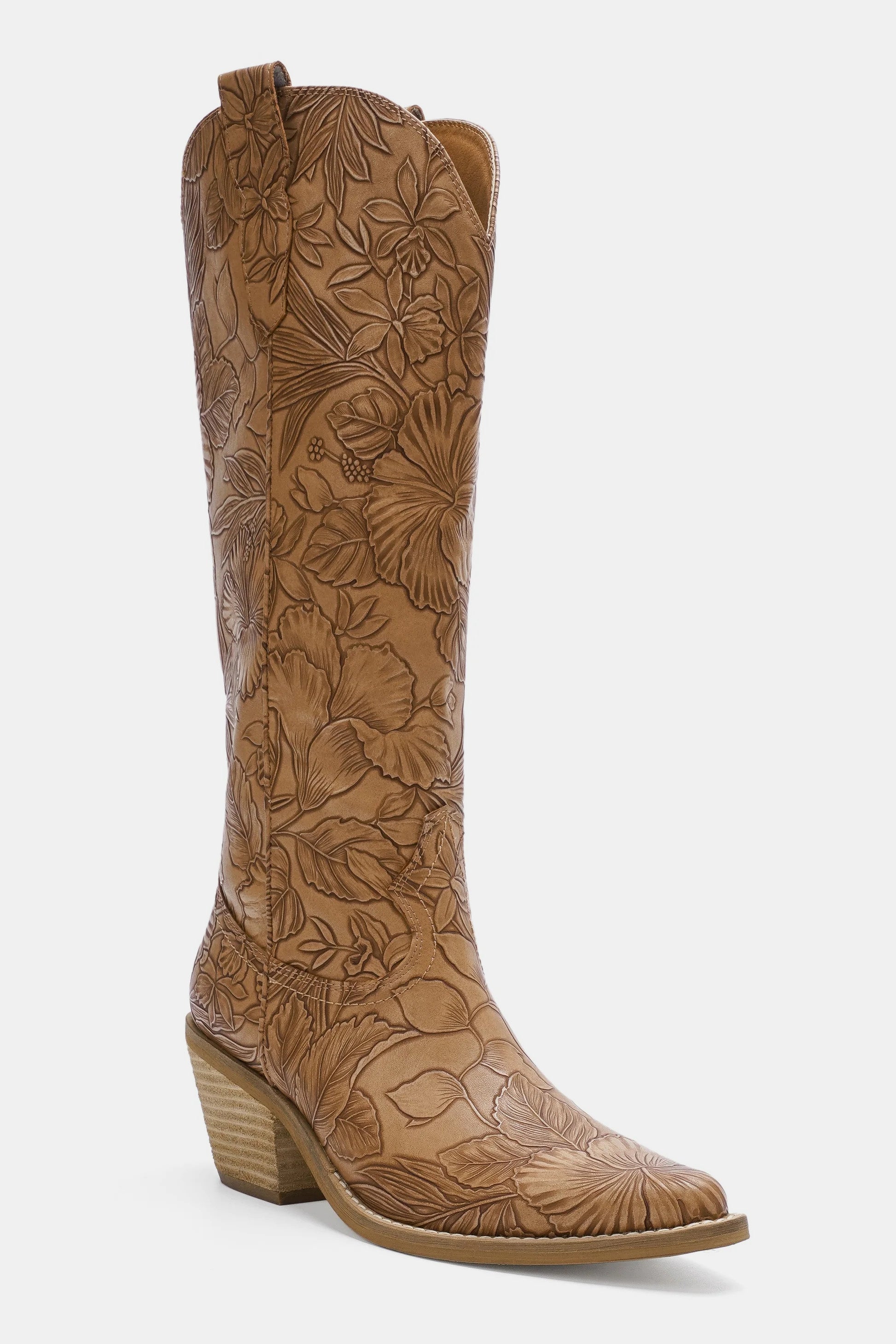 Dark Taupe Embossed Floral Point Toe Block Heel Boots