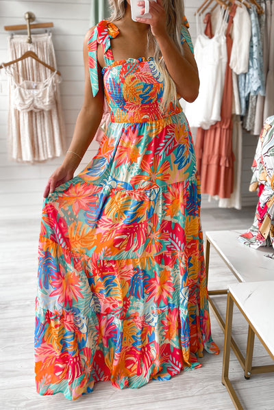 Smocked Ruffle Tiered Maxi Dress - Vibrant Tropical Print