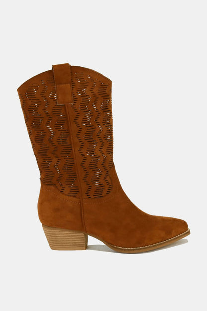 Brown Faux Suede Laser Cut Detail Block Heel Boots