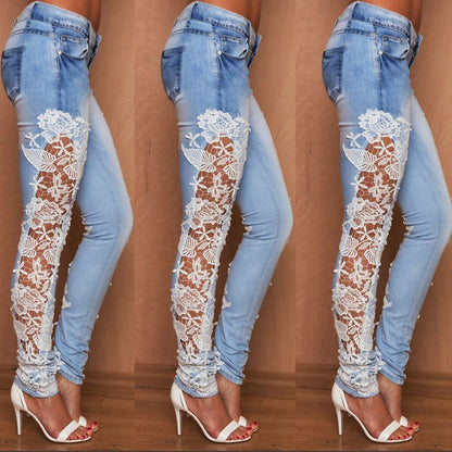 Lace Detail Jeans - Women's Cotton Denim Pants