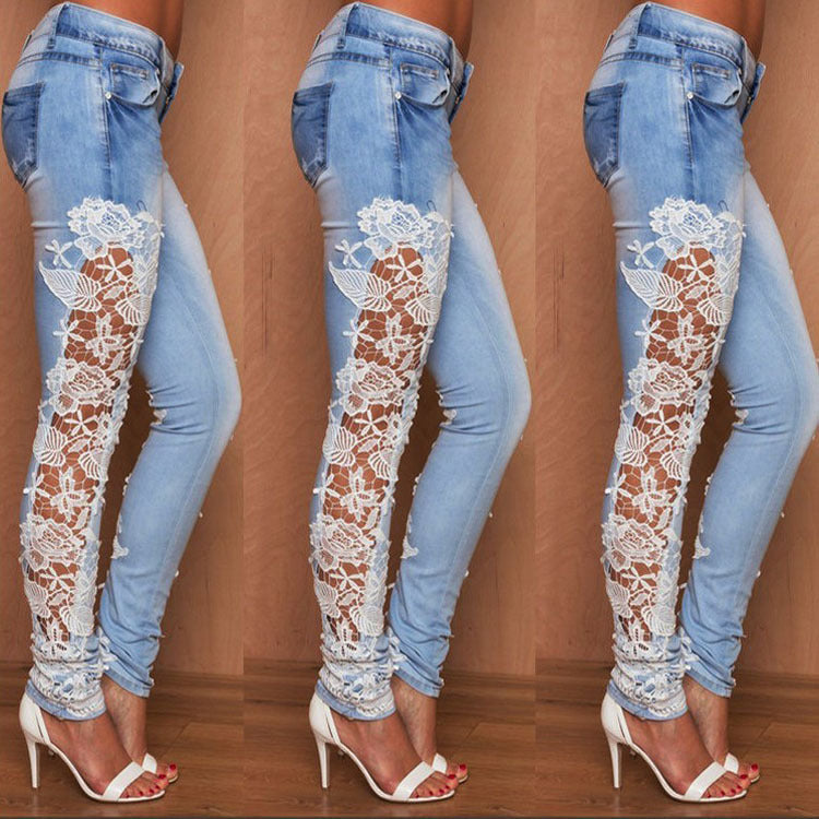 Lace Detail Jeans - Women's Cotton Denim Pants