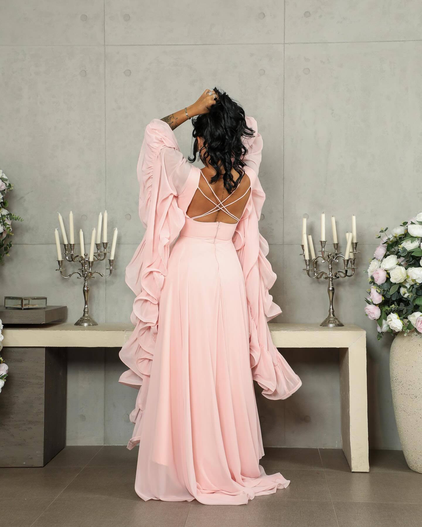 Pink Tulle Prom Gown - Long Sleeve A-Line Ball Dress