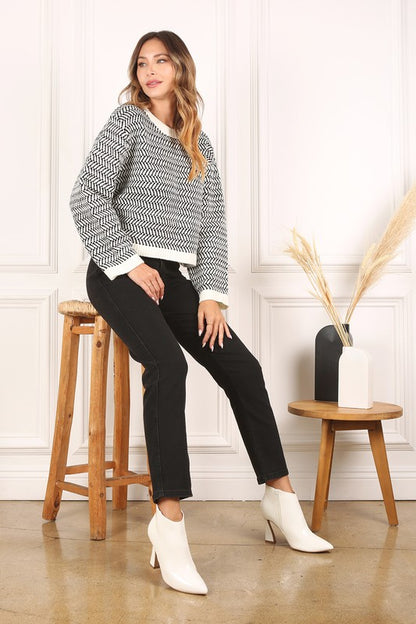 Herringbone Pattern Crew Neck Long Sleeve Sweater